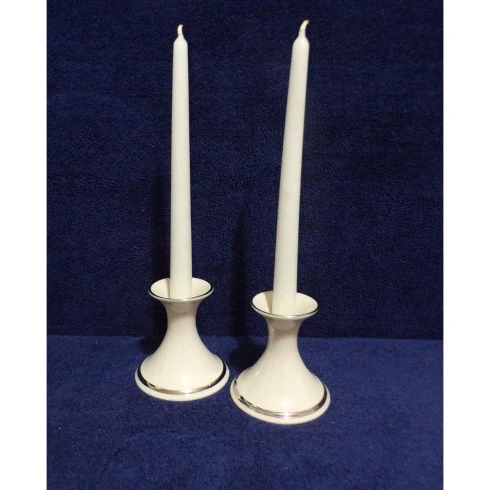 Lenox‎ Cream Color w/Silver Trim Candle Holders Set of 2 USA Contemporary Design